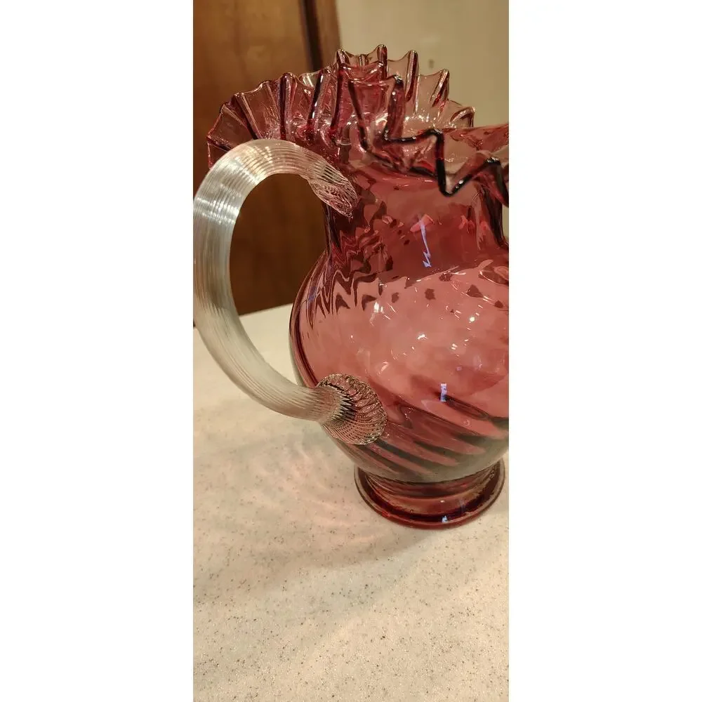 Fenton Cranberry Glass Pitcher Ruffled Rim Swirl Dot Optic Clear Handle 10